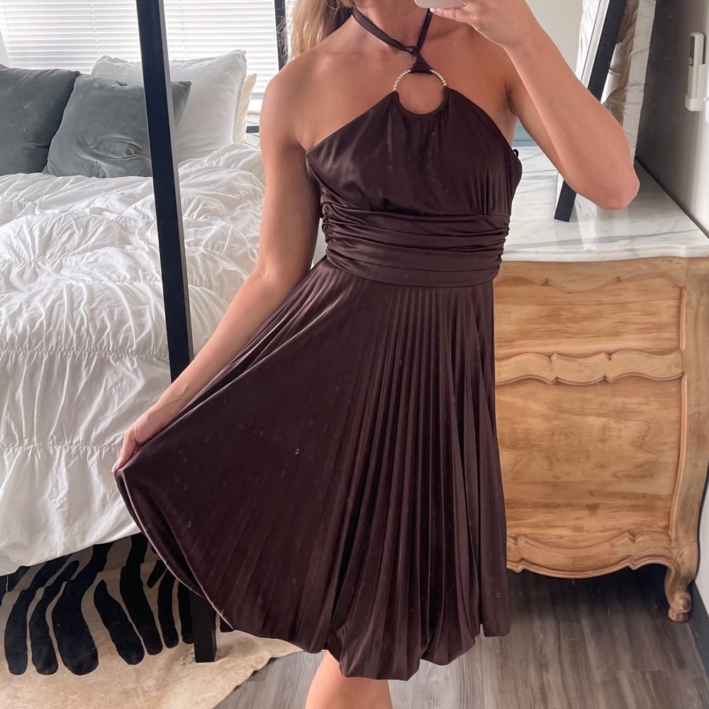 Vintage 90s Cache Brown High‎ Neck Rhinestone Pleated Bubble Skirt Dress